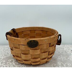 Vintage Peterboro Basket Co. Wooden Woven Basket With Leather Handles 8" Diamete